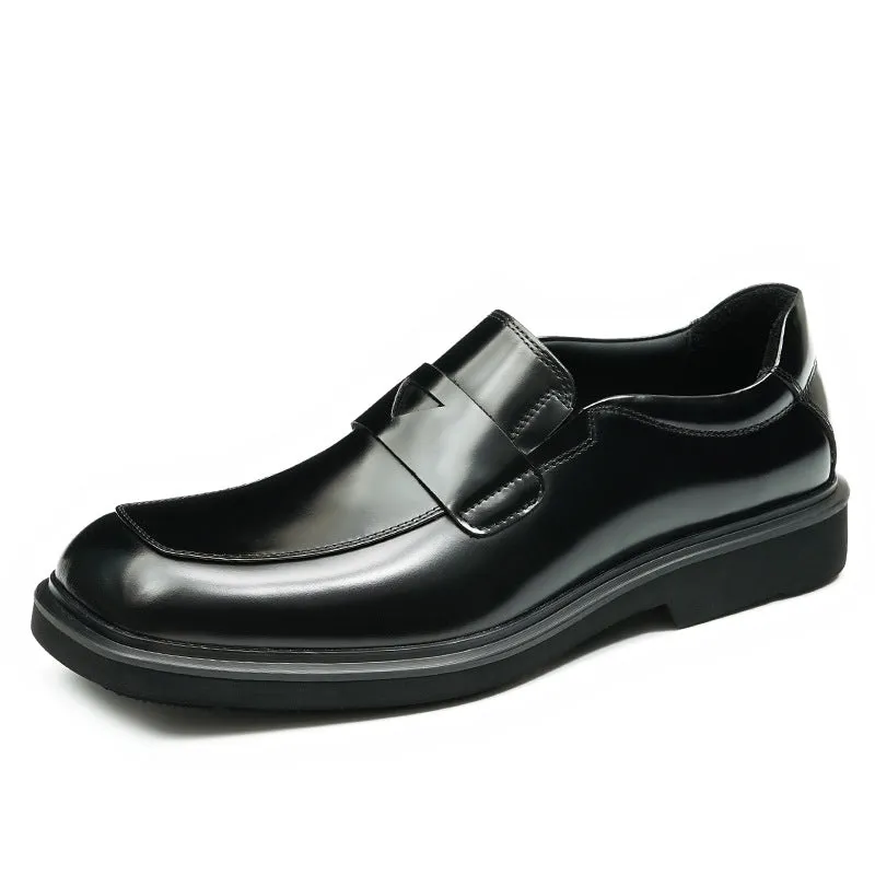 Top Layer Cowhide Men's Leather Shoes Thick Bottom Glossy Big Head Leather Shoes Men's Square-Toe Black Business Casual Slip-on Loafers23702