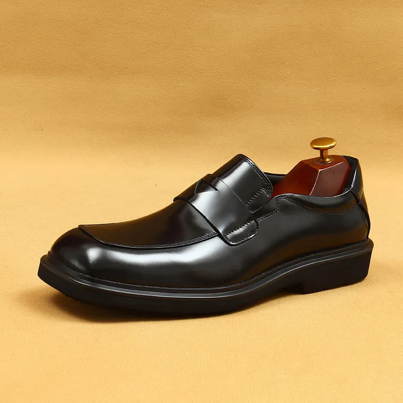 Top Layer Cowhide Men's Leather Shoes Thick Bottom Glossy Big Head Leather Shoes Men's Square-Toe Black Business Casual Slip-on Loafers23702