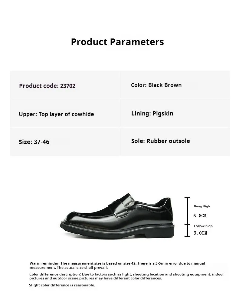 Top Layer Cowhide Men's Leather Shoes Thick Bottom Glossy Big Head Leather Shoes Men's Square-Toe Black Business Casual Slip-on Loafers23702