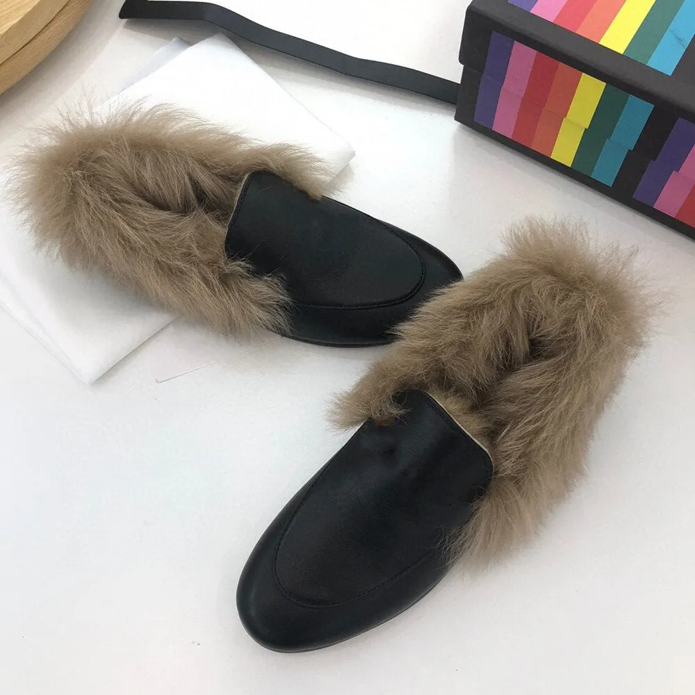 Top Quality Genuine Leather Women's Shoes Warm Shearling Ladies Loafers Outside/Office Women's Flats Slip-on Shallow Shoes
