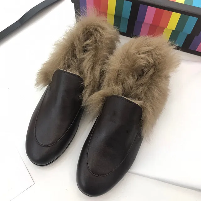 Top Quality Genuine Leather Women's Shoes Warm Shearling Ladies Loafers Outside/Office Women's Flats Slip-on Shallow Shoes