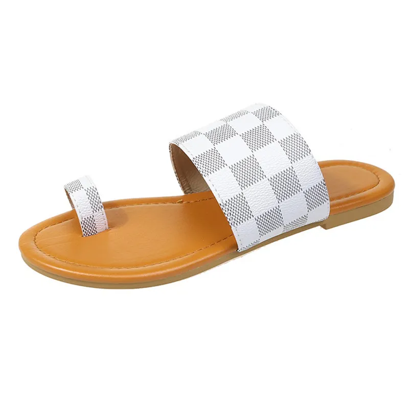 Trendy Plaid Toe Ring Flat Female Slippers in Summer