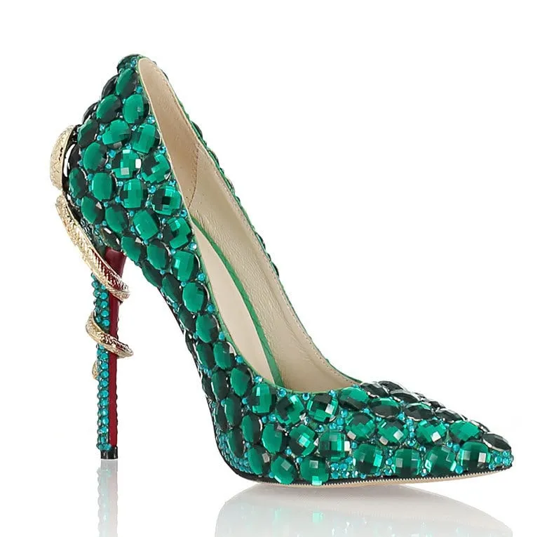 Tucomosi Green Diamond Pointed Toe High Heels Wedding Shoes