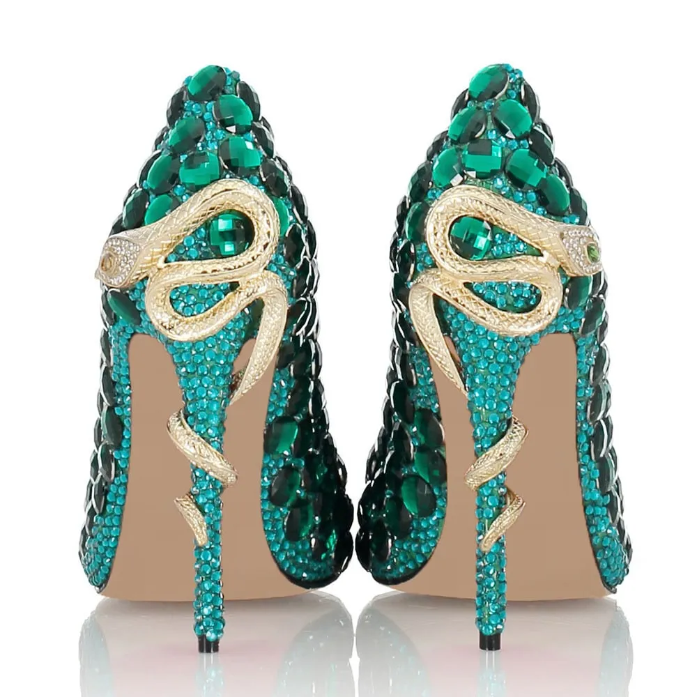 Tucomosi Green Diamond Pointed Toe High Heels Wedding Shoes
