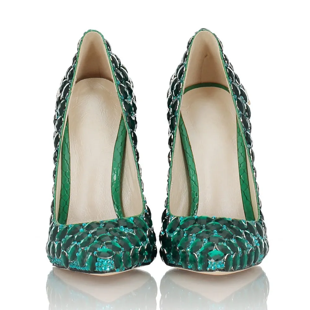 Tucomosi Green Diamond Pointed Toe High Heels Wedding Shoes