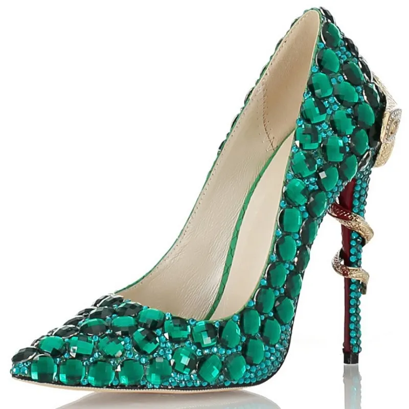 Tucomosi Green Diamond Pointed Toe High Heels Wedding Shoes