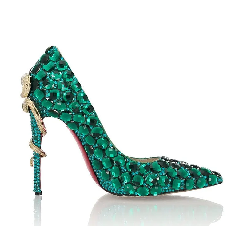Tucomosi Green Diamond Pointed Toe High Heels Wedding Shoes