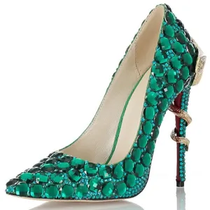 Tucomosi Green Diamond Pointed Toe High Heels Wedding Shoes