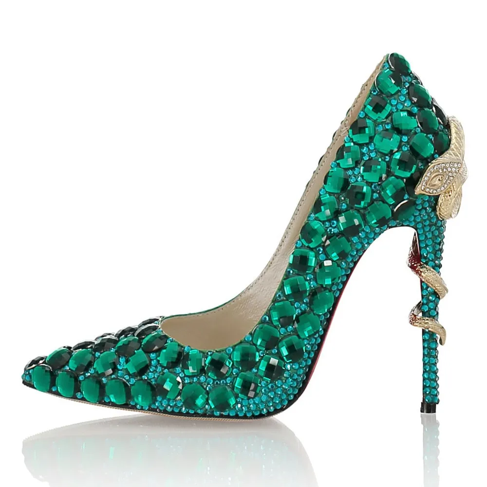 Tucomosi Green Diamond Pointed Toe High Heels Wedding Shoes