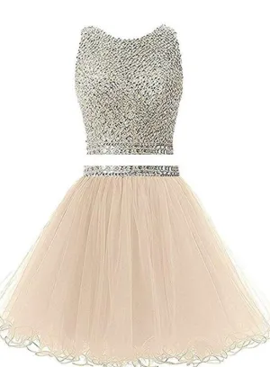 Two Piece Champagne Cute Short Sequins Party Dress, Round Neckline Prom Dress Homecoming Dress