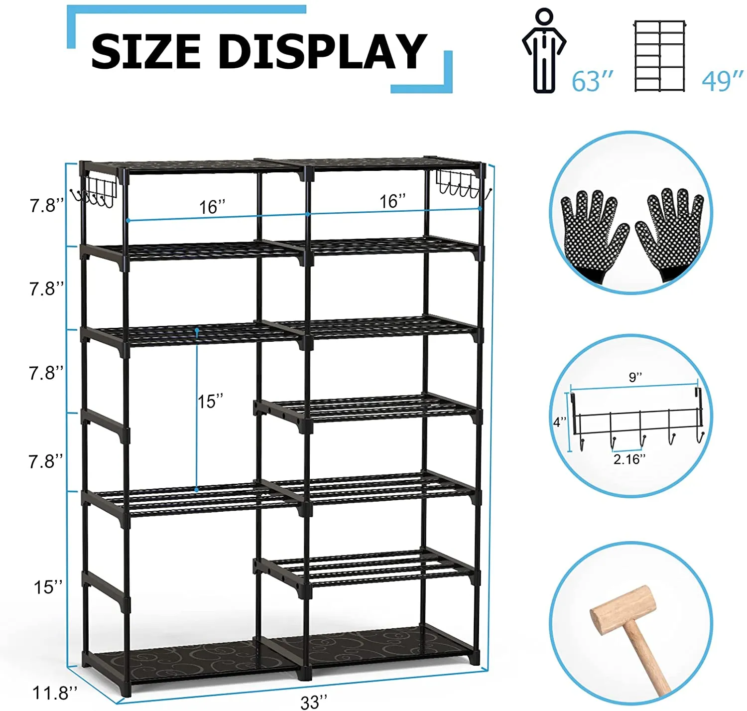 UHINOOS hoe Rack, Shoe Rack Organizer Closet Shoe Rack 7 Tier Shoe Racks for Bedroom Closet, Stackable Shoe Tower Shoe Shelf with Hooks 30-40 Pairs