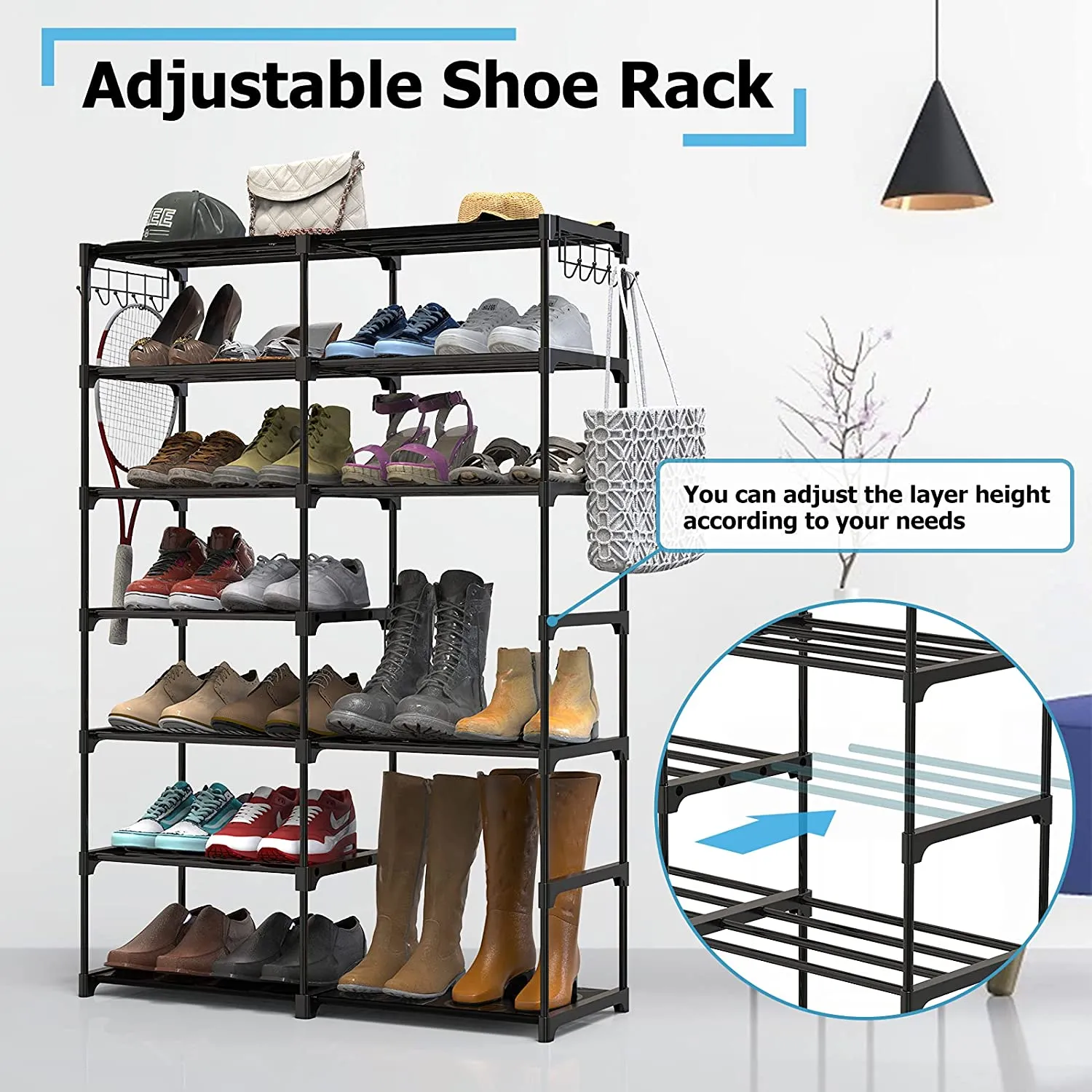UHINOOS hoe Rack, Shoe Rack Organizer Closet Shoe Rack 7 Tier Shoe Racks for Bedroom Closet, Stackable Shoe Tower Shoe Shelf with Hooks 30-40 Pairs