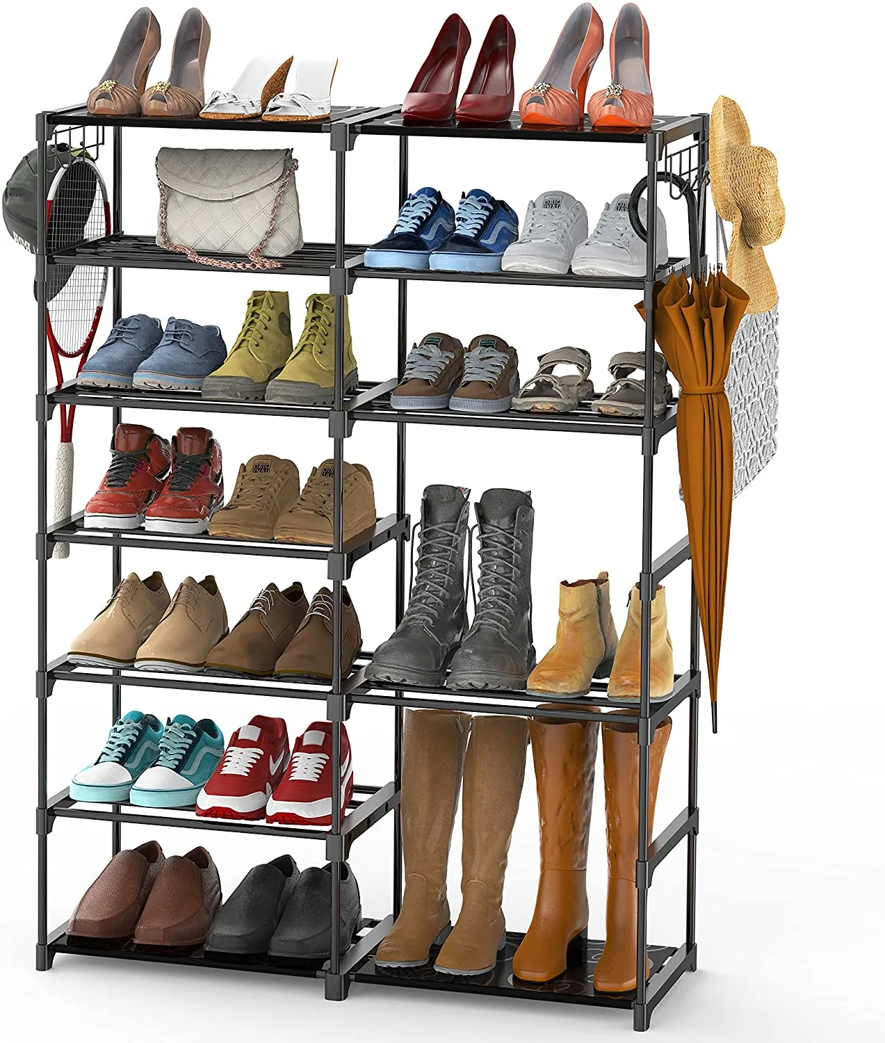 UHINOOS hoe Rack, Shoe Rack Organizer Closet Shoe Rack 7 Tier Shoe Racks for Bedroom Closet, Stackable Shoe Tower Shoe Shelf with Hooks 30-40 Pairs