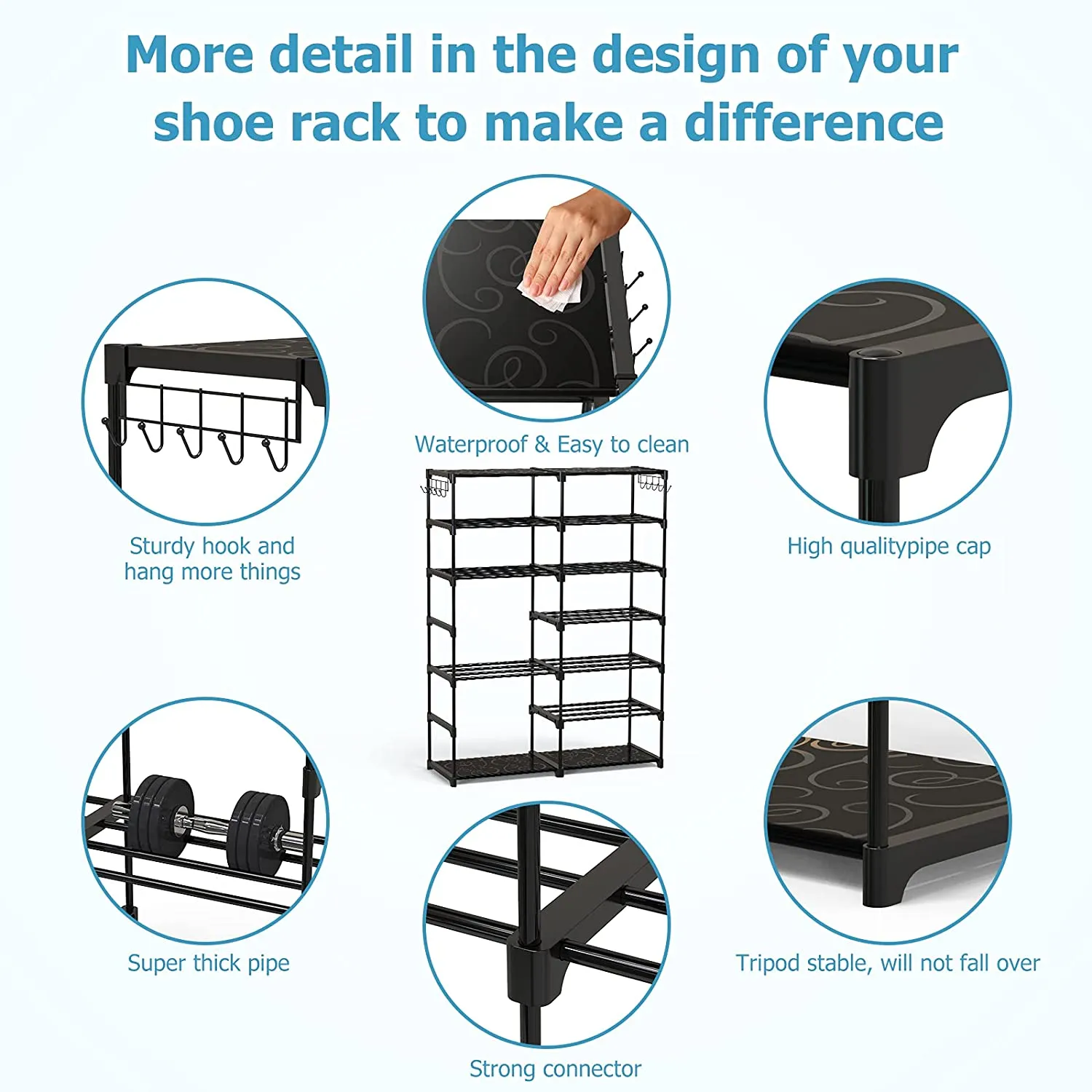 UHINOOS hoe Rack, Shoe Rack Organizer Closet Shoe Rack 7 Tier Shoe Racks for Bedroom Closet, Stackable Shoe Tower Shoe Shelf with Hooks 30-40 Pairs