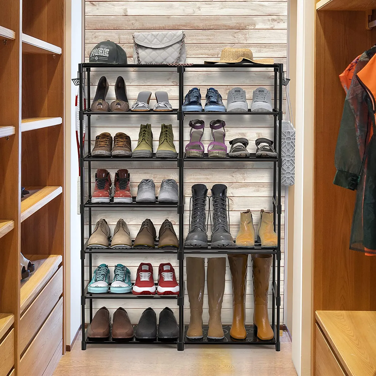 UHINOOS hoe Rack, Shoe Rack Organizer Closet Shoe Rack 7 Tier Shoe Racks for Bedroom Closet, Stackable Shoe Tower Shoe Shelf with Hooks 30-40 Pairs
