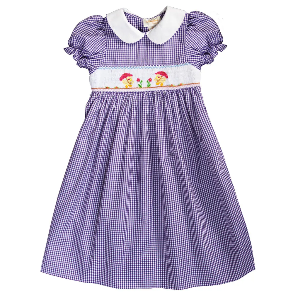 Umbrella Ducks Purple Gingham Smocked Dress w/Collar & Sash