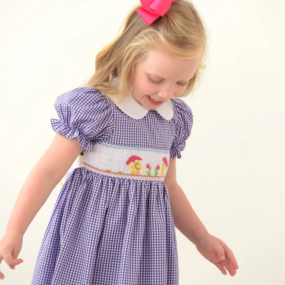 Umbrella Ducks Purple Gingham Smocked Dress w/Collar & Sash