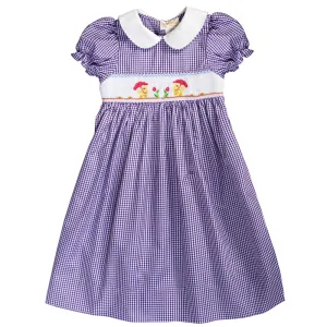 Umbrella Ducks Purple Gingham Smocked Dress w/Collar & Sash