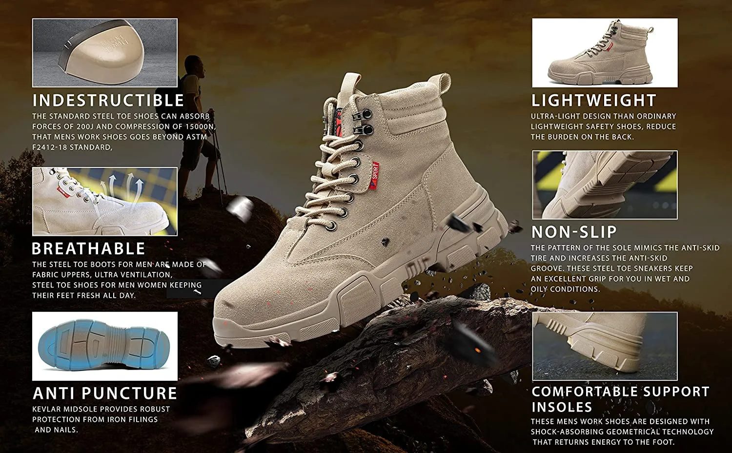 USOR Safety Lightweight Steel Toe Work Boots