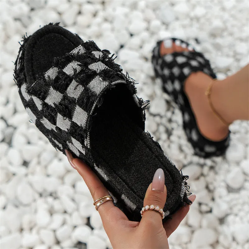 Vintage Plaid Raw Edge Denim Thick Sole Slippers for Lady
