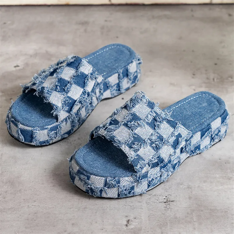 Vintage Plaid Raw Edge Denim Thick Sole Slippers for Lady