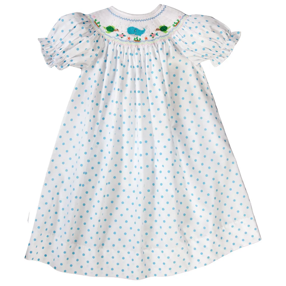 Whale Aqua Blue Dotted Smocked Bishop