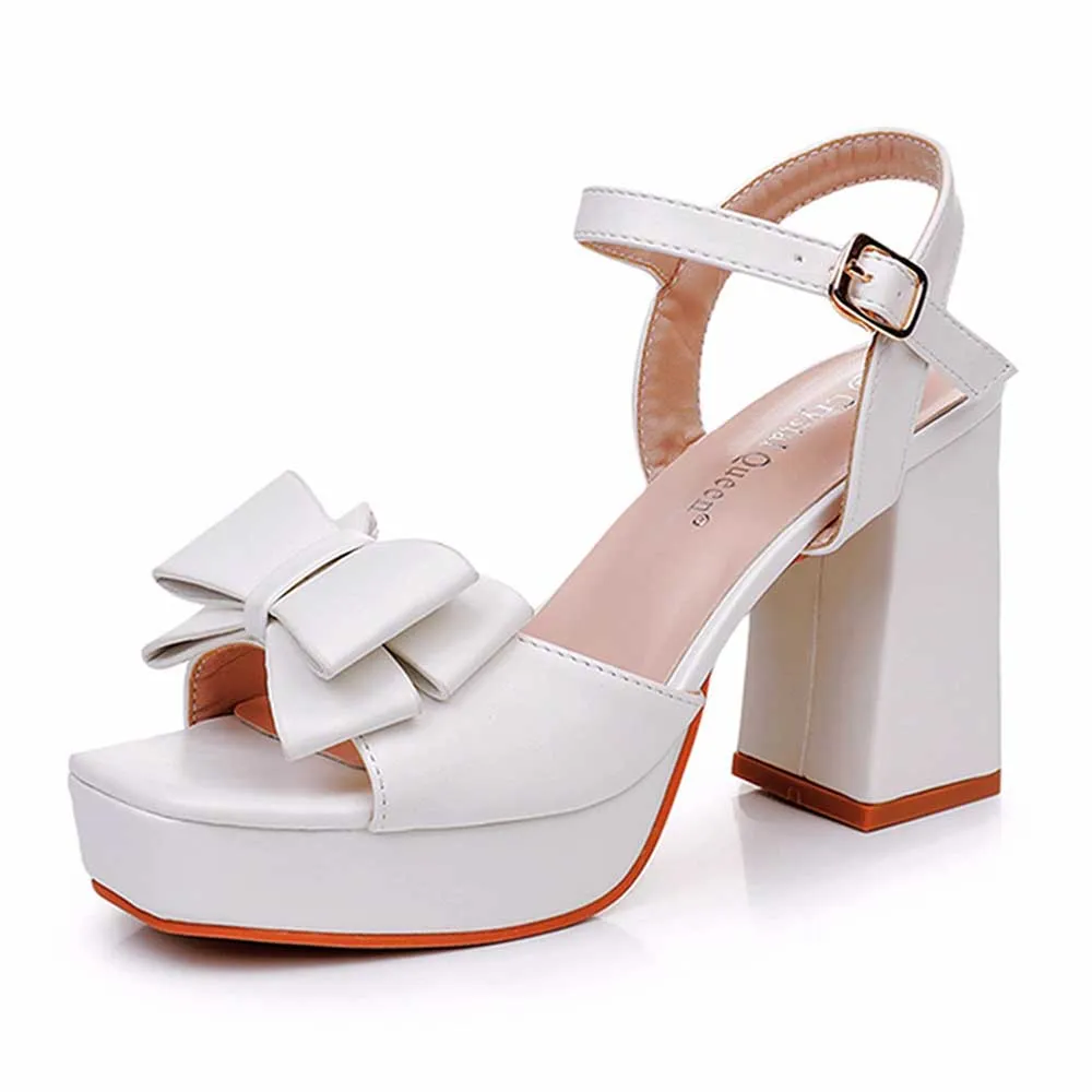 White Platform Wedding Shoes With Bow Block Heeled Bridal Sandals Shoes