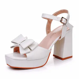 White Platform Wedding Shoes With Bow Block Heeled Bridal Sandals Shoes