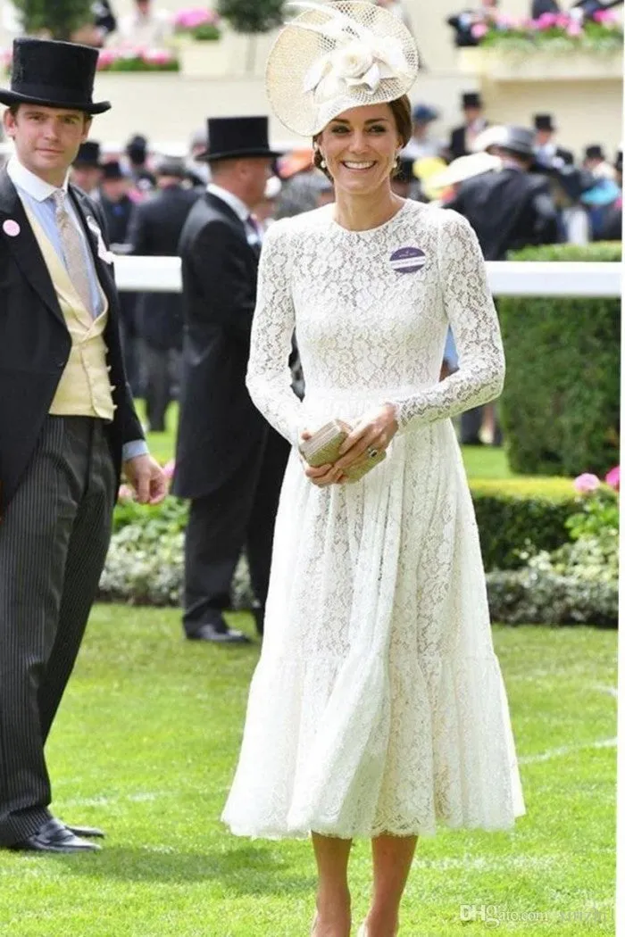 White Princess Kate Middleton Lace Cocktail Dress Knee Length Prom Celebrity Dress Royal Ascot