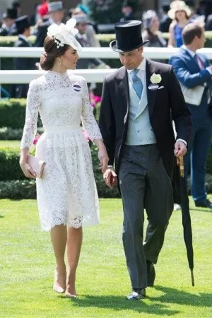 White Princess Kate Middleton Lace Cocktail Dress Knee Length Prom Celebrity Dress Royal Ascot