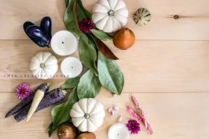 White Pumpkin & Magnolia on Wooden Table