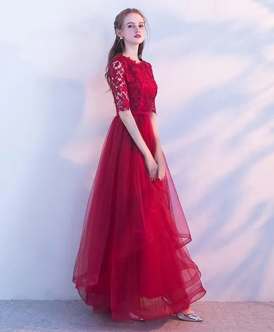 Wine Red Lace 1/2 Sleeves Tulle Long Party Dress, A-line Layers Tulle Prom Dress