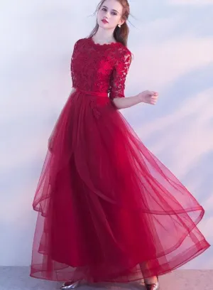 Wine Red Lace 1/2 Sleeves Tulle Long Party Dress, A-line Layers Tulle Prom Dress