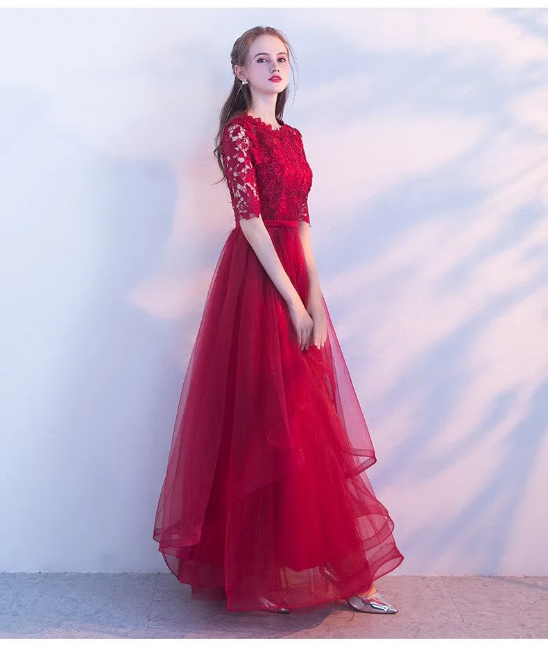 Wine Red Lace 1/2 Sleeves Tulle Long Party Dress, A-line Layers Tulle Prom Dress