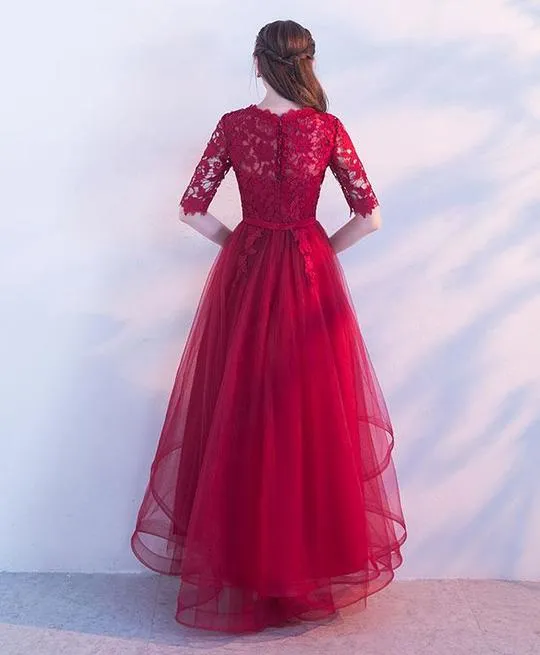 Wine Red Lace 1/2 Sleeves Tulle Long Party Dress, A-line Layers Tulle Prom Dress