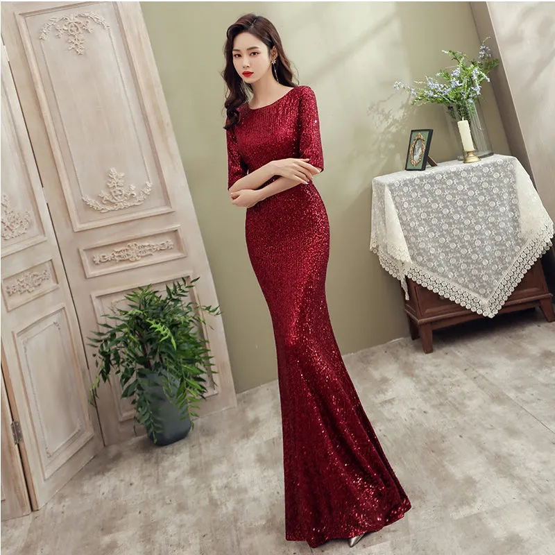 Wine Red Sequins Mermaid Long Evening Dress Party Dress, Dark Red Sequins Bridesmaid Dress