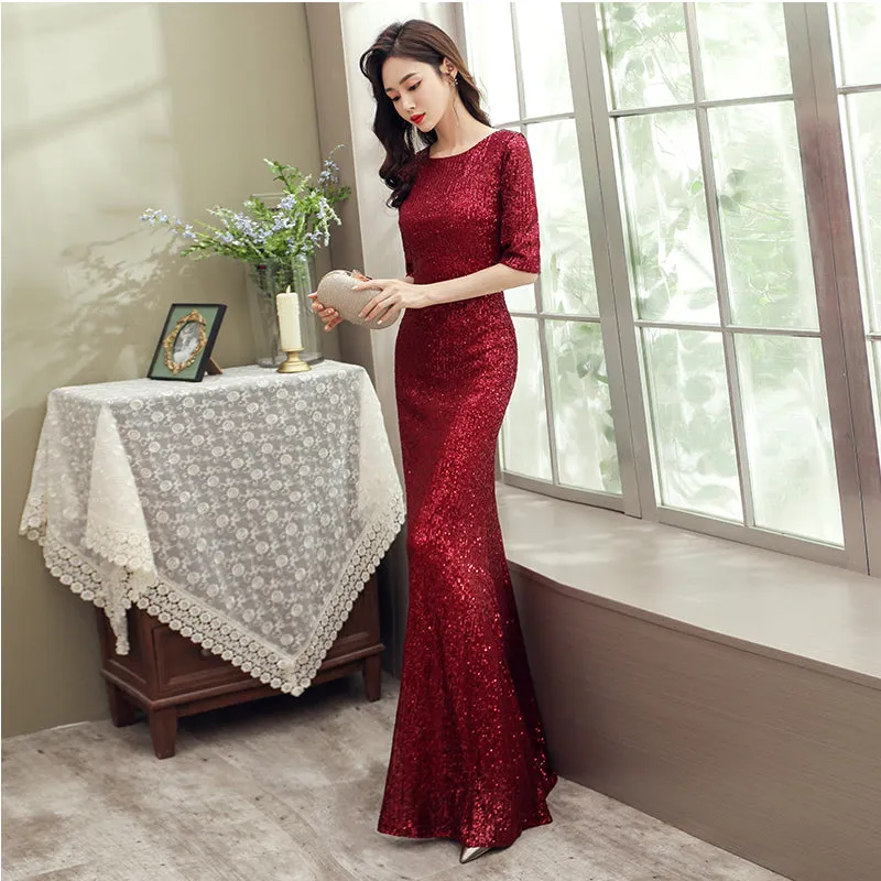 Wine Red Sequins Mermaid Long Evening Dress Party Dress, Dark Red Sequins Bridesmaid Dress