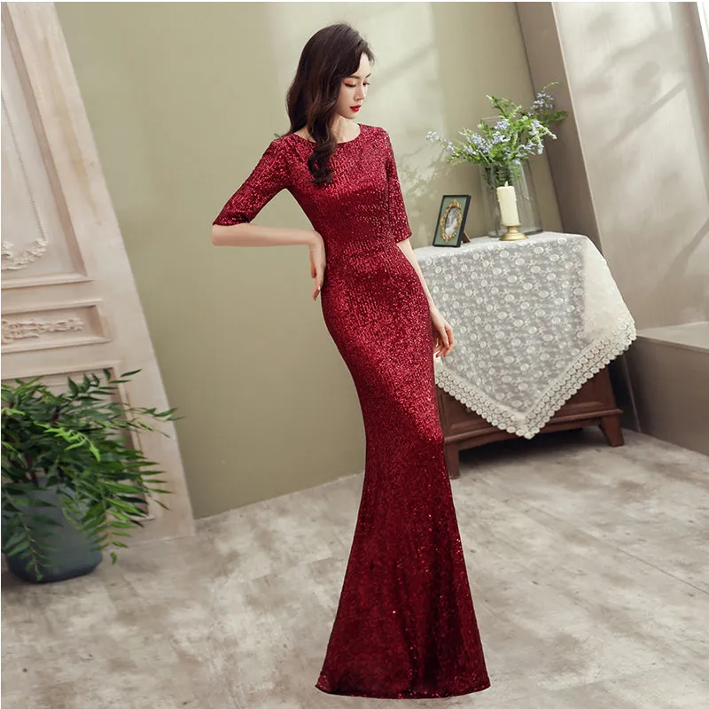 Wine Red Sequins Mermaid Long Evening Dress Party Dress, Dark Red Sequins Bridesmaid Dress