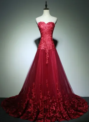 Wine Red Sweetheart Prom Dress , A-line Tulle with Lace Applique Prom Gown