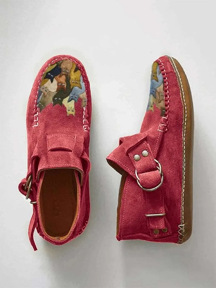 Winter Cartoon Cat Printed Suede Moccasin Boot