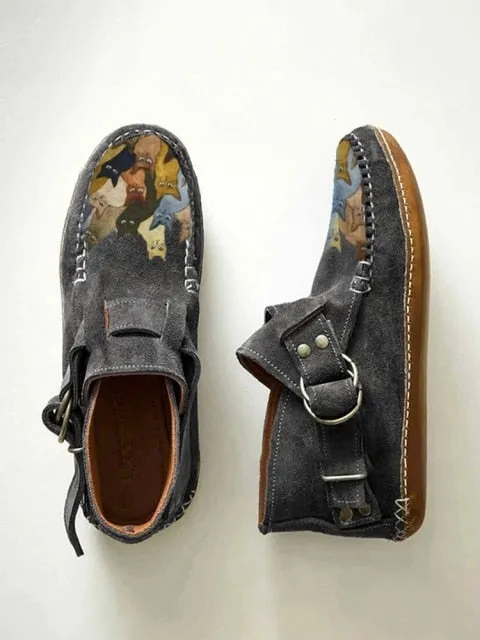 Winter Cartoon Cat Printed Suede Moccasin Boot