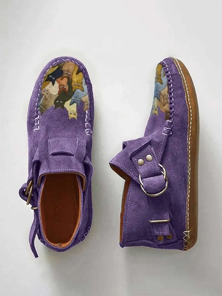Winter Cartoon Cat Printed Suede Moccasin Boot