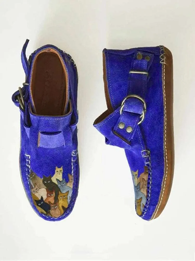 Winter Cartoon Cat Printed Suede Moccasin Boot