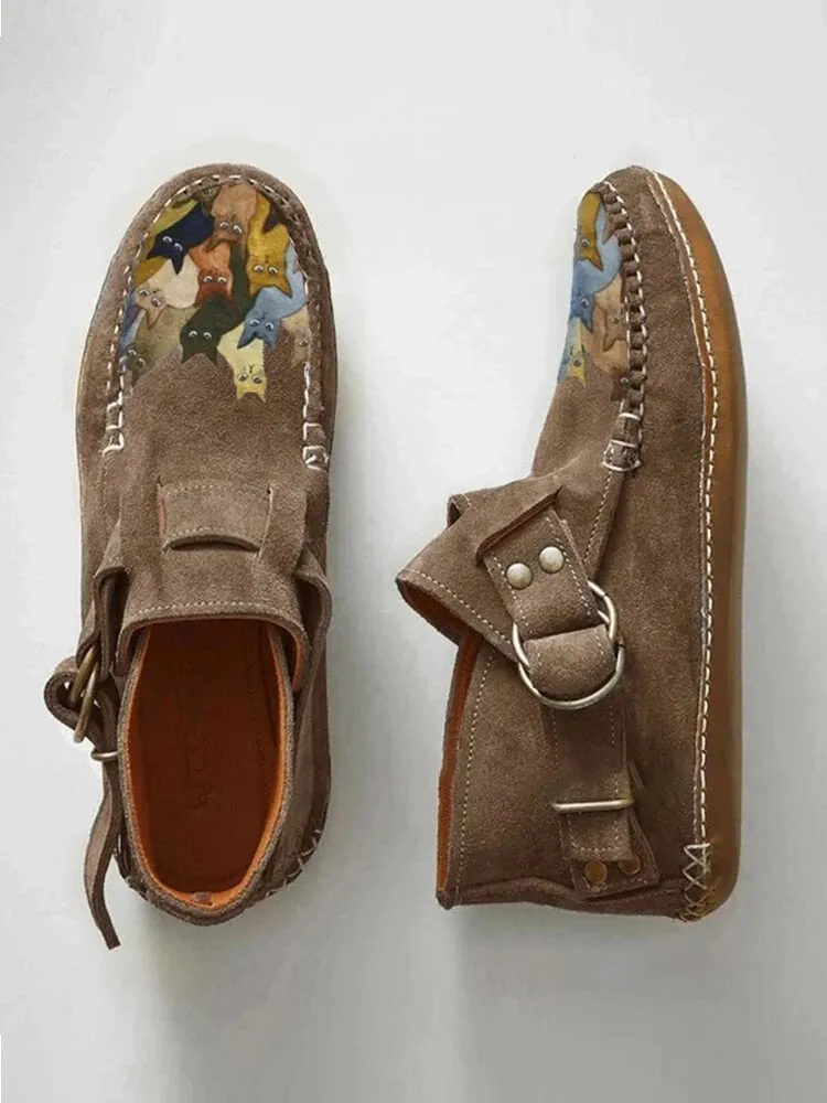 Winter Cartoon Cat Printed Suede Moccasin Boot