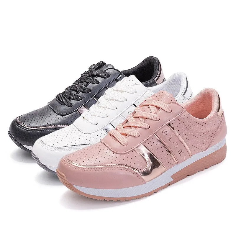 Woman Spring Lace Up Vulcanize Shoes Women Sneakers Mesh Pu Leather Solid Platform Shoes Female Fashion Flats Ladies Casual