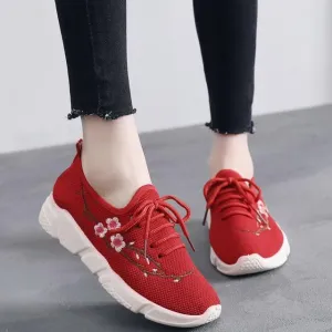 Women Embroidery Loafers Solid Lace Up Breathable Shoes