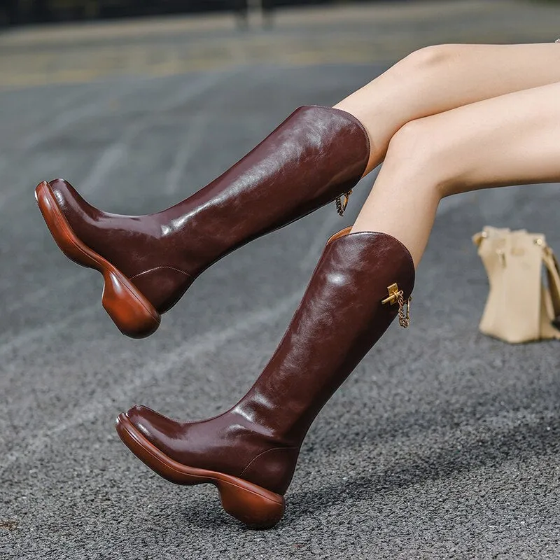 Women Knee High Boots Full Cow Leather