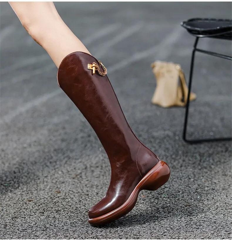 Women Knee High Boots Full Cow Leather