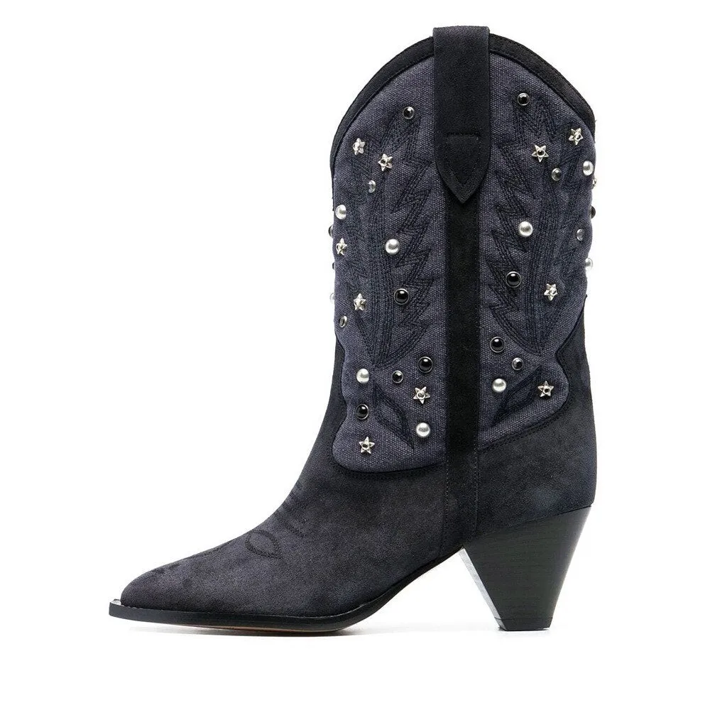 Women Low-Heels Pointed Toe Rivet Ankle Boots