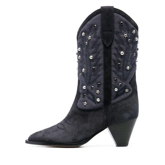 Women Low-Heels Pointed Toe Rivet Ankle Boots